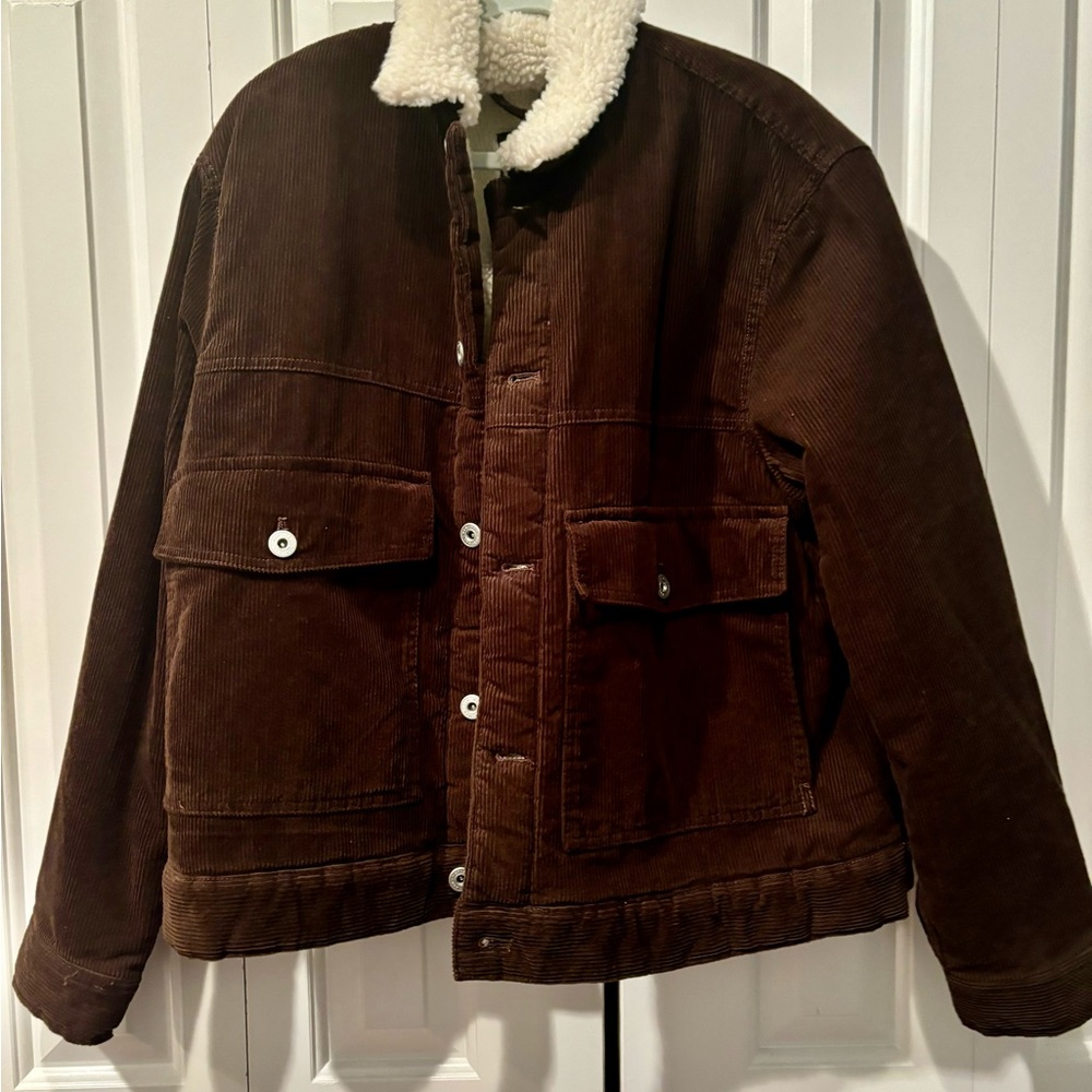 H&M Dark Brown Corduroy Jacket with Cream Sherpa Collar